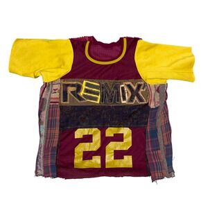 Custom Patchwork Remix Jersey Top Maroon Yellow Corduroy Plaid Deconstructed